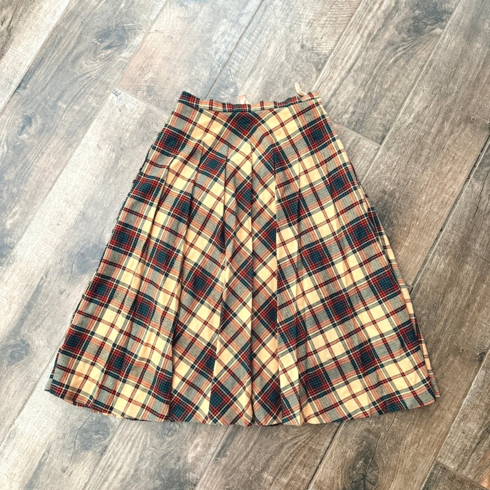 Martinique Vintage Tartan Plaid Pleated Wool Blend Midi Skirt,Green Red Tan,14